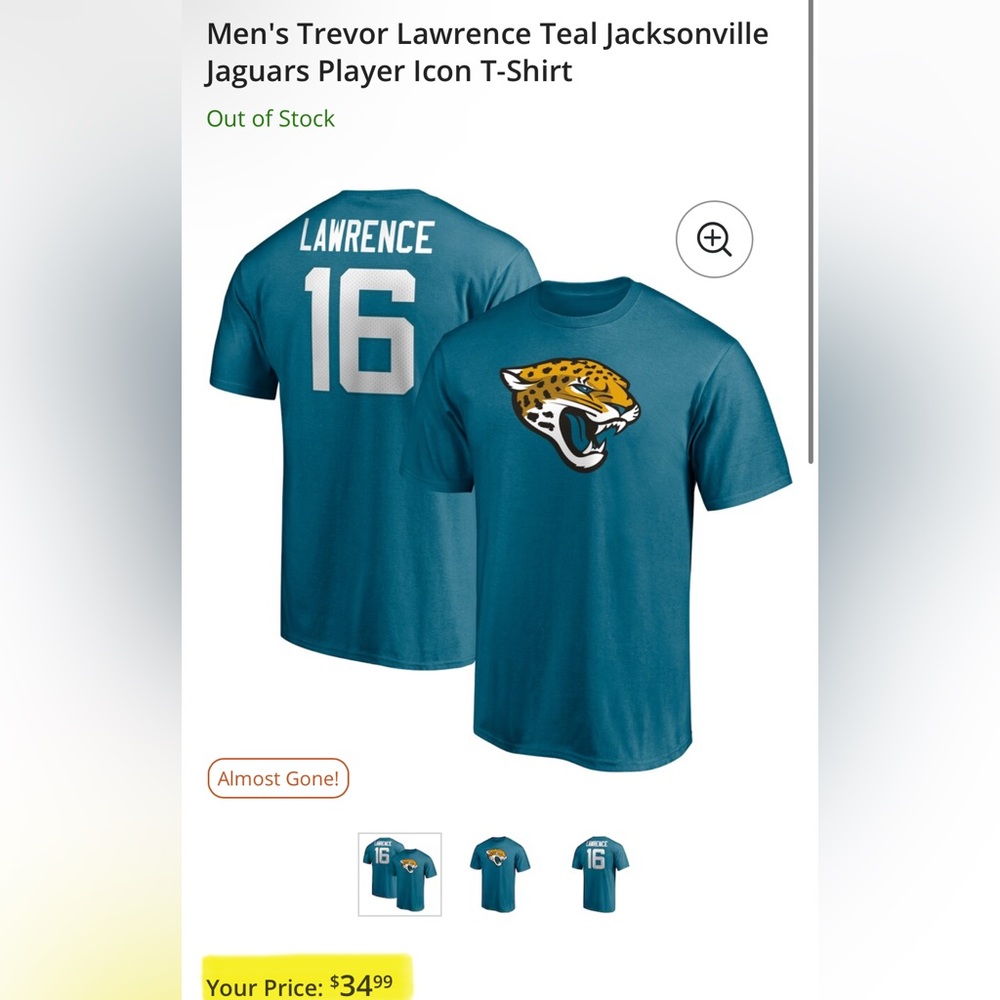 Jacksonville Jaguars Trevor Lawrence T-Shirt Jersey (Shersey) Teal from Fanatics